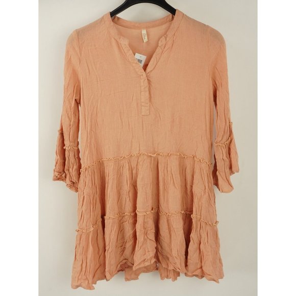 New Elan Women XS Melon Pink V-Neck Tiered A-Line Boho Tunic Cover Up Mini Dress - Picture 1 of 8
